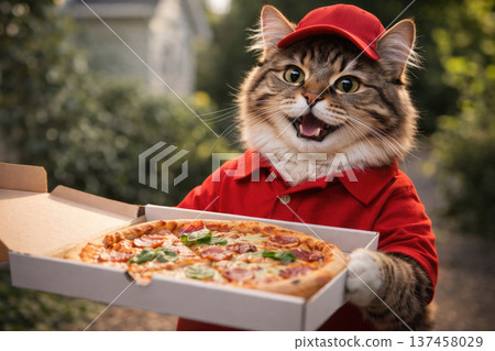 Pizza delivery cat in uniform with a box of food. Pizza delivery cat in uniform with a box of food. 137458029