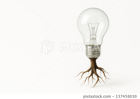 A photorealistic bulb with roots instead of a base on a light background. Space for text. 137458030