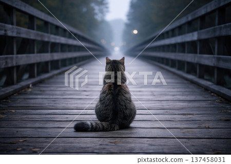 A cat sits in the middle of a long wooden bridge. A cat sits in the middle of a long wooden bridge. 137458031