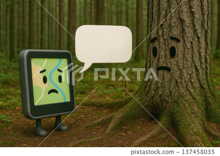 GPS navigator with a sad face talking to a tree in the forest. 137458035