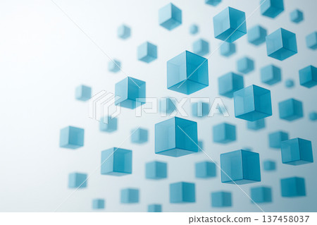 Light blue cubes hovering in the air on a light background. Space for text. Light blue cubes hovering in the air on a light background. Space for text. 137458037