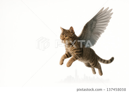 A flying cat with wings over the city. Space for text. A flying cat with wings over the city. Space for text. 137458038