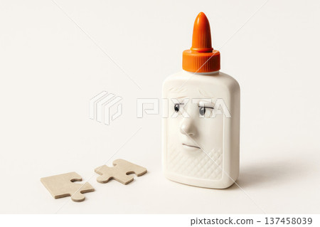 Glue with a sad face next to the puzzle pieces. Space for text. 137458039
