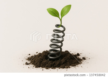 A metal spiral that sprouts like a plant from the ground. Space for text. 137458042