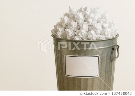 A basket with many lumps of crumpled paper on a light background. Space for text. A basket with many lumps of crumpled paper on a light background. Space for text. 137458043