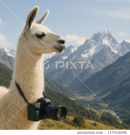 A llama with a camera around his neck in the mountains. 137458046