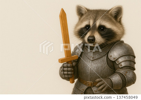 Raccoon in knightly armor with a wooden sword. Space for text. Raccoon in knightly armor with a wooden sword. Space for text. 137458049