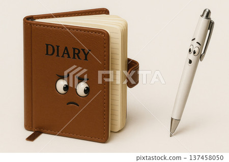 A sad diary and a surprised pen with eyes. 137458050