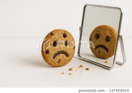 A cookie with a sad face looks at itself in the mirror. Space for text. A cookie with a sad face looks at itself in the mirror. Space for text. 137458054