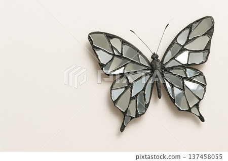 Decorative butterfly with mirrored wings on a light background. Space for text. 137458055