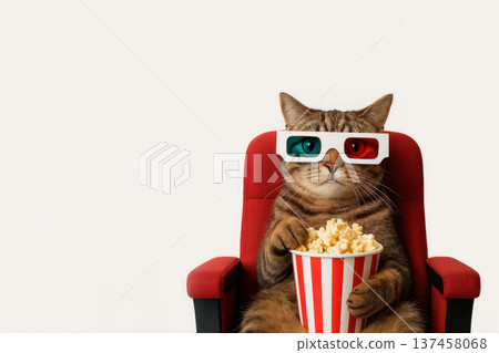 A cat in 3D glasses with popcorn in a cinema. Space for text. 137458068