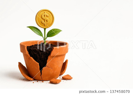 A sprout with a gold coin in a cracked pot. Space for text. A sprout with a gold coin in a cracked pot. Space for text. 137458070