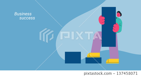 Business success concept with woman climbing steps showing growth and progress toward achievement. Flat design vector illustration for business success and goal reaching concepts. Business success concept with woman climbing steps showing growth and progress toward achievement. Flat design vector illustration for business success and goal reaching concepts. 137458071