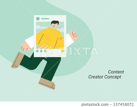 Content creator concept with man holding social media post showing influencer and digital content creation. Flat design vector illustration for content creator and online platform concepts. 137458072