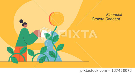 Financial growth concept with woman watering money plant showing investment and wealth building. Flat design vector illustration for financial growth, savings and prosperity concepts. Financial growth concept with woman watering money plant showing investment and wealth building. Flat design vector illustration for financial growth, savings and prosperity concepts. 137458073