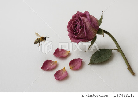 A bee flies to a dried rose with petals. 137458113