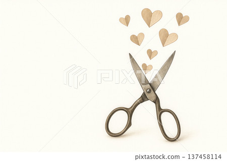 Scissors cutting paper hearts. Space for text. Scissors cutting paper hearts. Space for text. 137458114