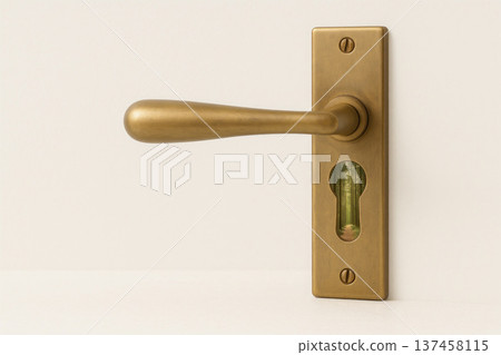 Doorknob with wood visible in the borehole. Space for text. Doorknob with wood visible in the borehole. Space for text. 137458115