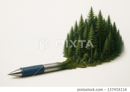 A ballpoint pen turning into a dense forest. Space for text. A ballpoint pen turning into a dense forest. Space for text. 137458116