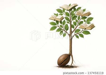 A tree with book-like leaves, grown from a walnut. Space for text. A tree with book-like leaves, grown from a walnut. Space for text. 137458119