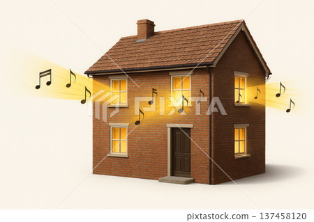 A house from the windows of which light pours with notes. Space for text. A house from the windows of which light pours with notes. Space for text. 137458120
