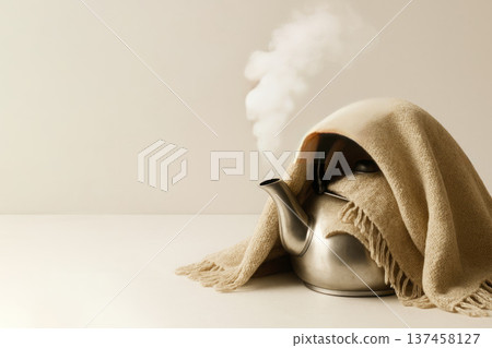 The kettle under the blanket releases steam. Space for text. 137458127