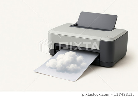 The printer prints the cloud on a piece of paper. Space for text. The printer prints the cloud on a piece of paper. Space for text. 137458133