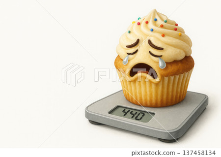 A crying cake on a scale showing 440 grams. Space for text. 137458134