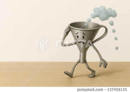 A funnel with a sad face under a rain of thoughts. Space for text. A funnel with a sad face under a rain of thoughts. Space for text. 137458135