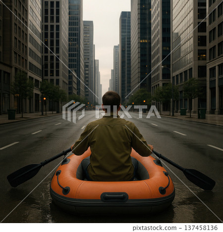A man in a boat rows along an empty street of a metropolis. 137458136