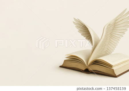 The book is opened, its pages turn into wings. Space for text. The book is opened, its pages turn into wings. Space for text. 137458139