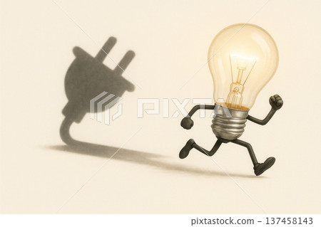 Running light bulb with a shadow in the shape of a fork. Space for text. Running light bulb with a shadow in the shape of a fork. Space for text. 137458143