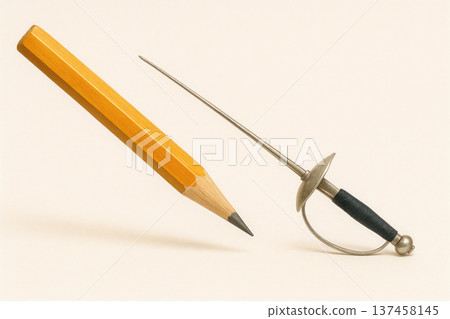 A pencil and a rapier facing each other. Space for text. 137458145