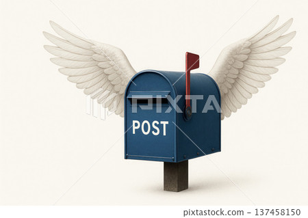 A mailbox with wings, a symbol of good news. Space for text. A mailbox with wings, a symbol of good news. Space for text. 137458150