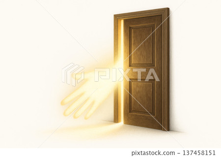 A glowing hand reaches out from the half-open door. Space for text. 137458151