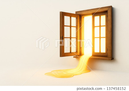 The bright sun flows out of the open window. Space for text. 137458152