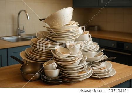 A mountain of dirty dishes on the kitchen table. 137458154
