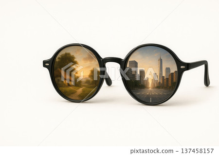 Glasses with a reflection of the village house and the city. 137458157
