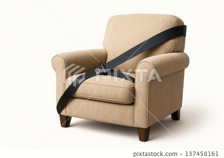 Seat with seat belt fastened on a light background. 137458161