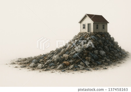 The house stands on top of a pile of rocks in the fog. Space for text. 137458163