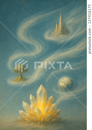 A crystal that radiates energy with images of a tree, a castle and a planet. 137458175