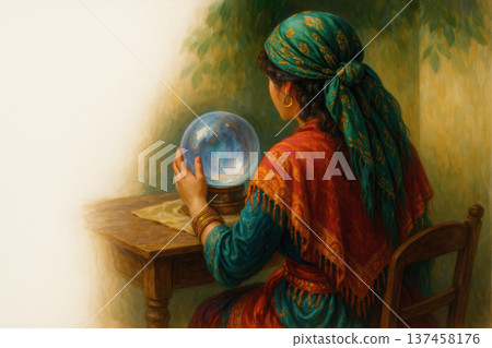 A fortune teller in a scarf and bracelets holds a crystal ball at the table. Space for text. 137458176