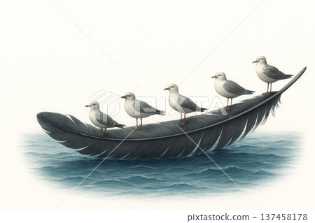 Seagulls float on a giant feather on the sea. 137458178