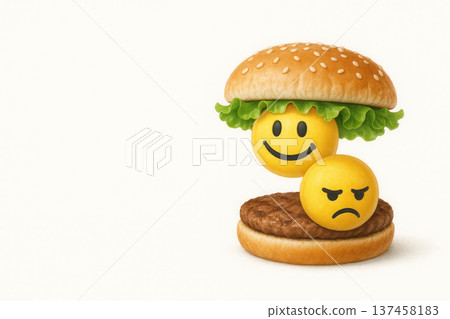 Burger with emotions: a smiling and angry face from emojis. Space for text. Burger with emotions: a smiling and angry face from emojis. Space for text. 137458183