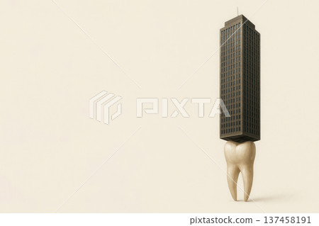 A skyscraper on a tooth, a symbol of urbanization and vulnerability. Space for text. A skyscraper on a tooth, a symbol of urbanization and vulnerability. Space for text. 137458191
