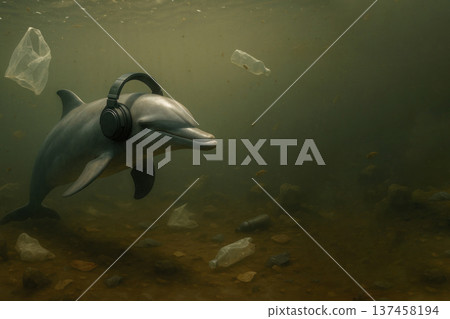 Dolphin with headphones among the garbage underwater, ignoring the problem. Space for text. 137458194