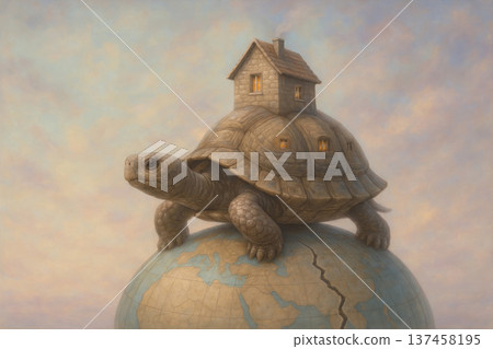 A turtle with a house on a shell stands on a shattered planet. A turtle with a house on a shell stands on a shattered planet. 137458195