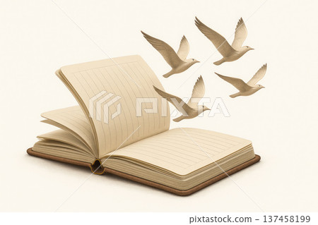 A notebook from which birds fly out. Space for text. 137458199