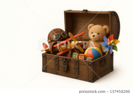 A chest with children's toys, a teddy bear and an airplane. Space for text. 137458200