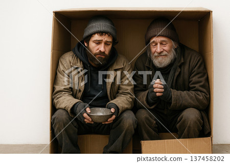 Two homeless men in a box. Two homeless men in a box. 137458202